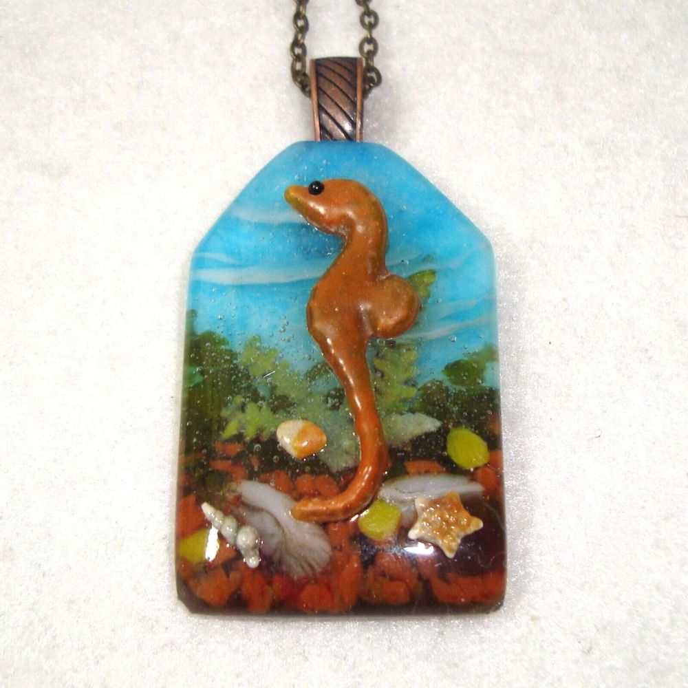'Under the Sea 2' Seahorse Starfish Seashells Art-to-Wear Fused Glass Pendant*